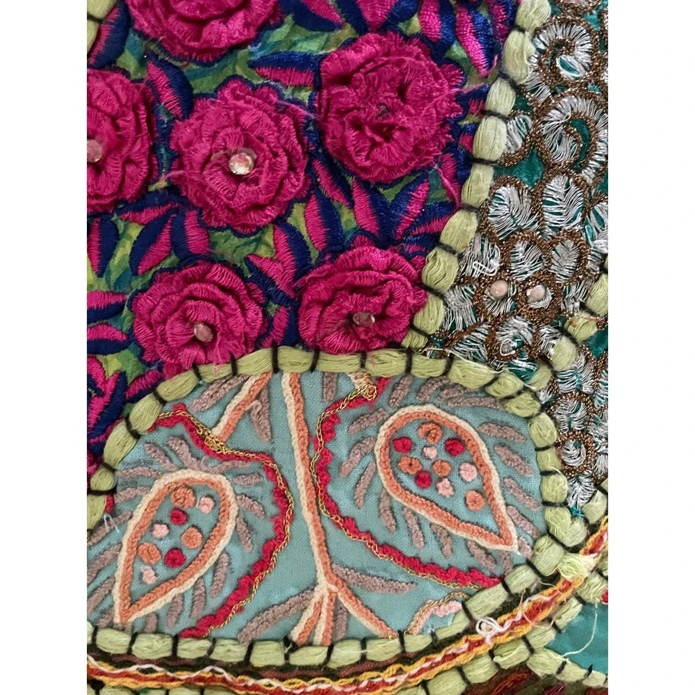 4 Handmade Indian Round Sari Patchwork Tassel Pillows 16